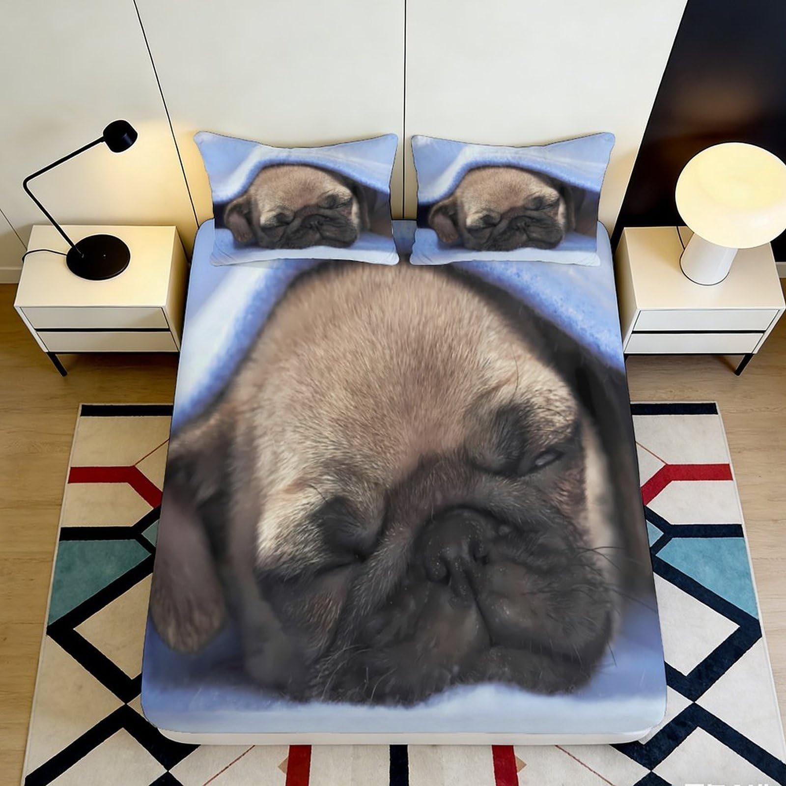 3D Printed Sleeping Pug Fitted Sheet Microfiber Soft Breathable Puppy Bed Sheet Mattress Cover for Bedroom Dormitory Guest Room Mattress Protection 120x200x25cm