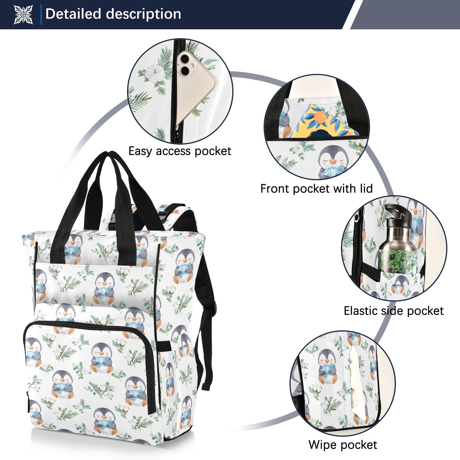 Mnsruu Sac à dos à langer imperméable avec motif de pingouin tenant un poisson pour les mamans et les papas