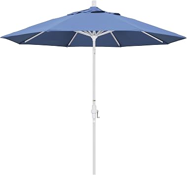 California Umbrella 9 Round Aluminum Market Umbrella, Crank Lift, Collar Tilt, White Pole, Forest Blue Olefin