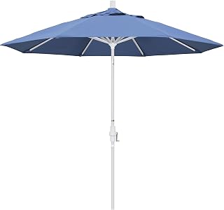 California Umbrella 9' Round Aluminum Market Umbrella, Crank Lift, Collar Tilt, White Pole, Forest Blue Olefin