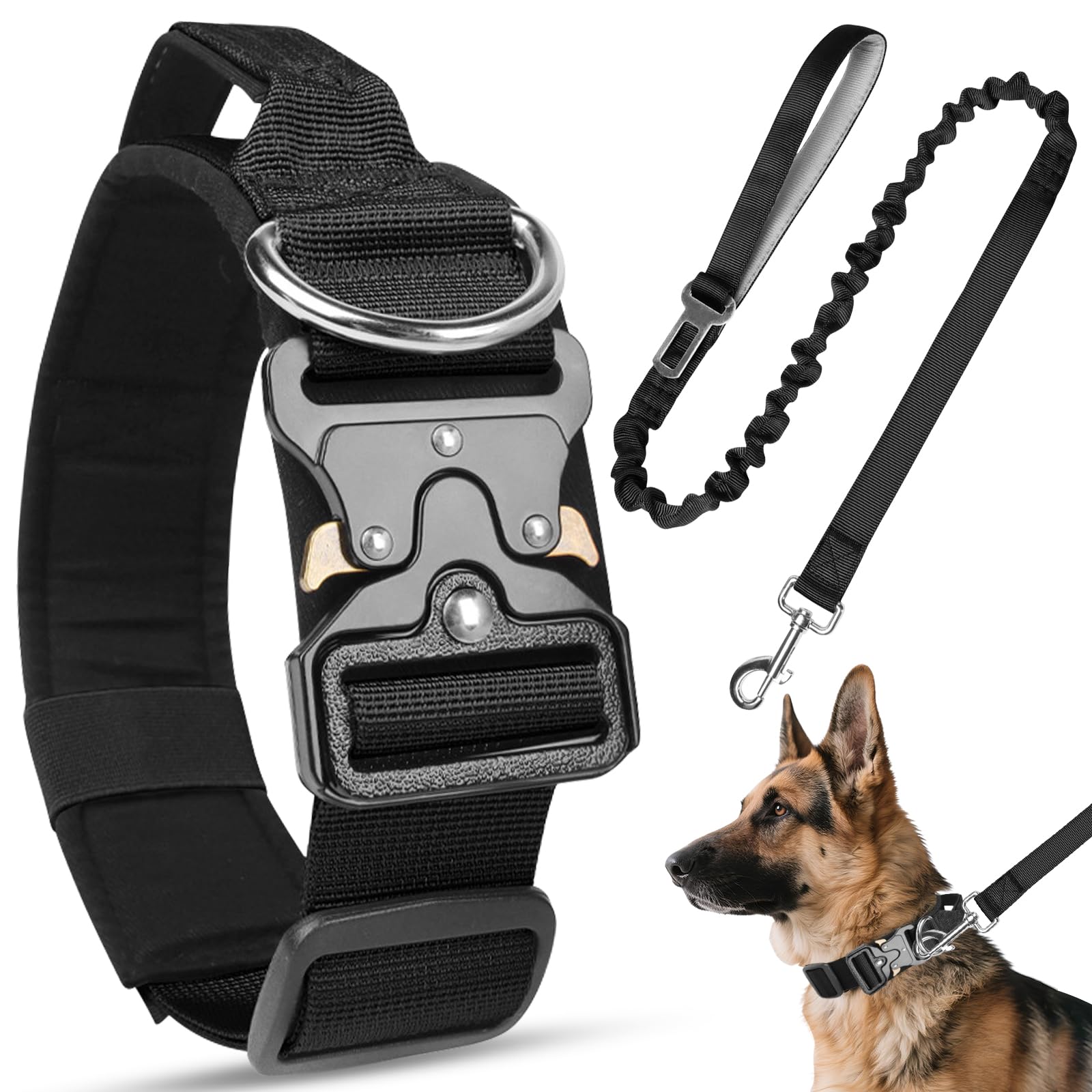 Tactical Dog Collar and Lead Set, Heavy Duty Military Dog Collar with Metal Buckle and D Ring, Adjustable Nylon Pet Collar, Shock Absorbing Retractable Lead for Small Medium Large Dogs (Black, M)