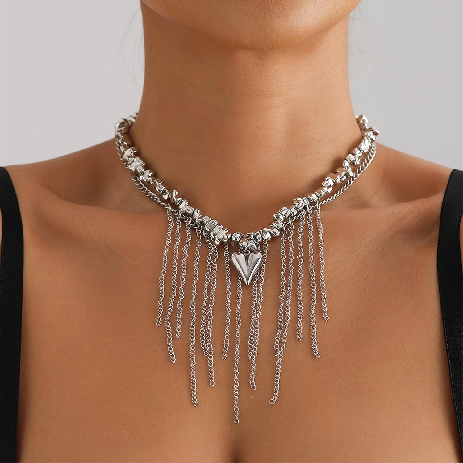 Silver Irregular Beaded Spike Choker Necklace for Women Small Heart Tassel Statement Adjustable Necklace - Image 4