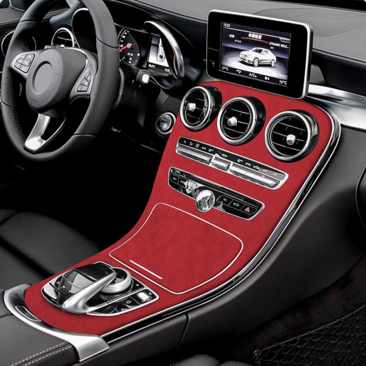 Car Center Console Gear Shift Panel Frame Cover for Mercedes Benz C-Class C180 C200 C260 C300 2015-2018 Suede Interior Sticker Decoration Accessories (C. Red)