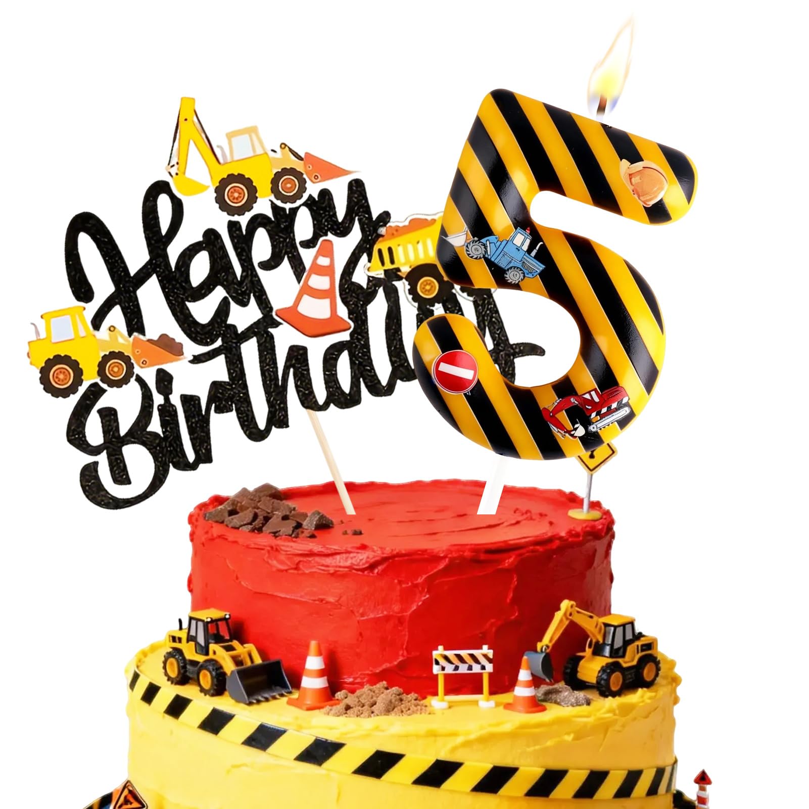 Birthday Candles for Cake, Yellow Black Striped Construction Number Candles, Cake Candles with Greeting Card for Birthday Party Wedding Anniversary Celebrations(5 Candle,Construction)