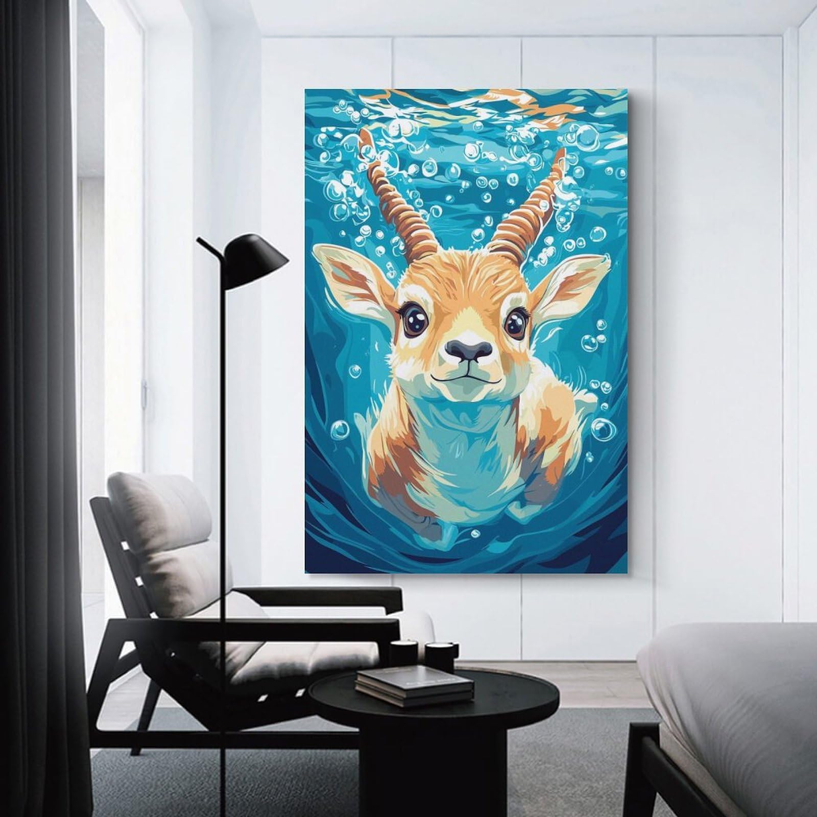 Junmoney Canvas Wall Decor Cute Antelope Swimming Underwater Illustration, 24x36inch(60x90cm), for Flats, Guest Rooms Or Compact Rooms, Wall Decor with Flexible Room Appeal