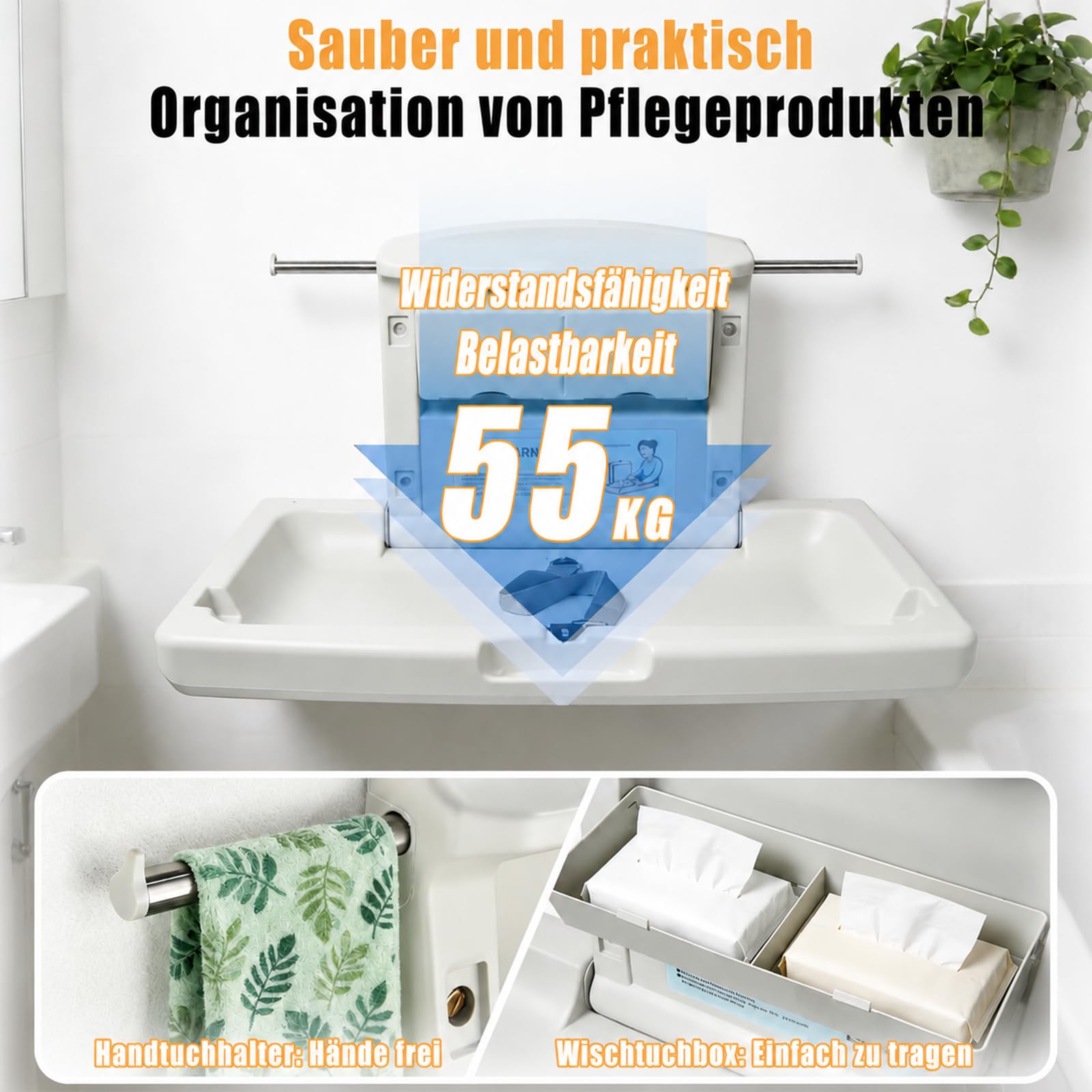 Wickeltisch klappbar Wandmontage mit Sicherheitsgurt, Haken & Aufbewahrungsboxen