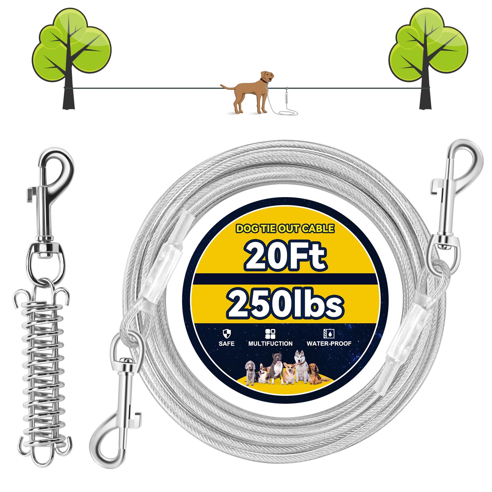 Dog Tie Out Cable, 20 FT Heavy Duty Dog Lead Cable with Detachable Shock Spring, for Outside Yard Camping Hold Small or Medium-Sized (20ft/250lbs)
