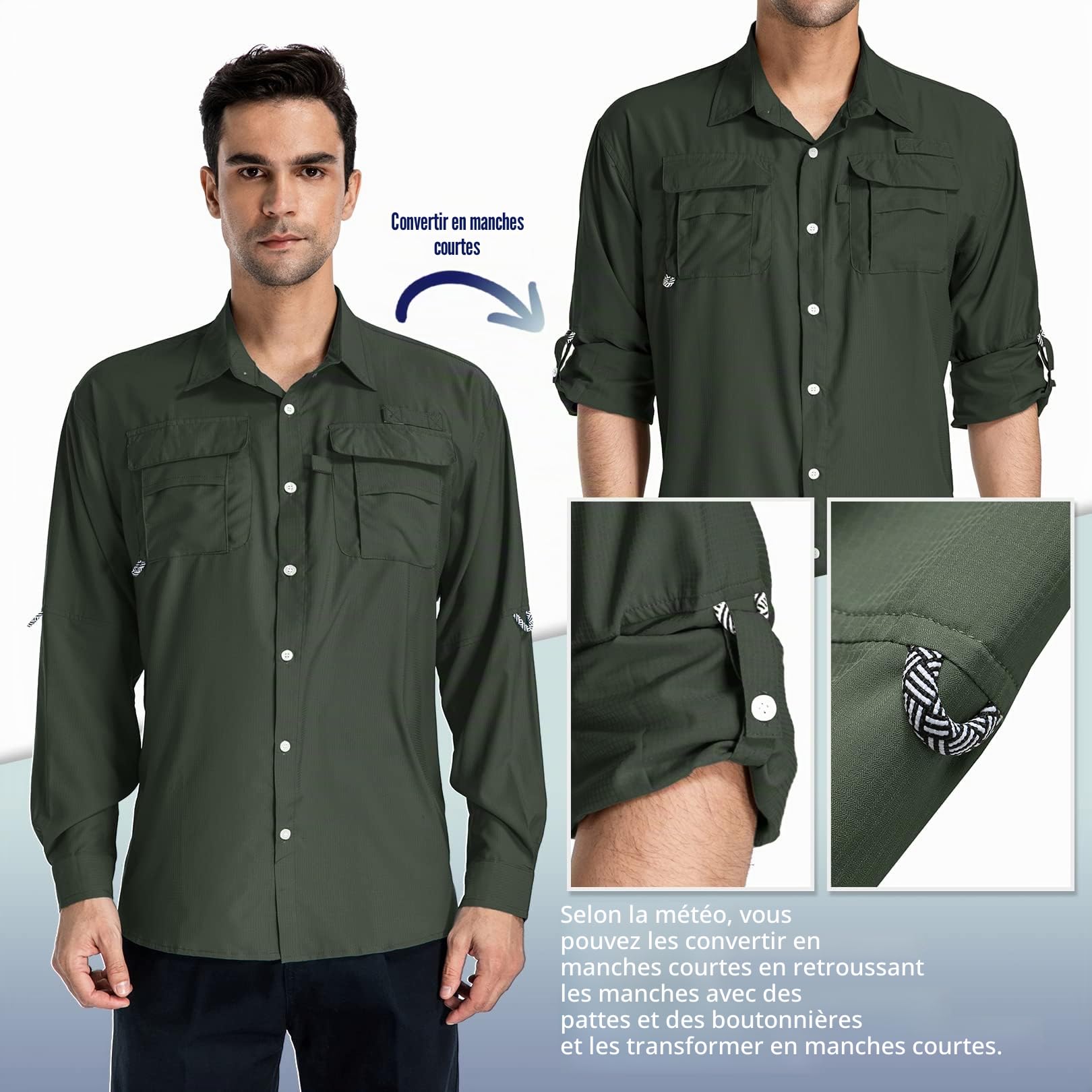 yeyity Chemise de safari à manches longues UPF50, protection UV, respirante, boutonnée, pour randonnée, pêche, trekking, Vert kaki, XXL