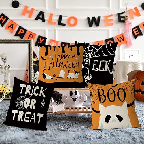 Miniatura 6 de Juego de 4 fundas de almohada de Halloween de 20 x 20 pulgadas, fundas de almohada de Halloween, fantasma, gato, vacaciones, casa de campo, para