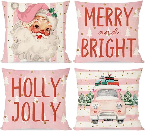 PANDICORN Juego de 4 fundas de almohada de Navidad de 18 x 18 pulgadas, color rosa, Papá Noel, camión, árbol de Navidad, decoraciones de Navidad,