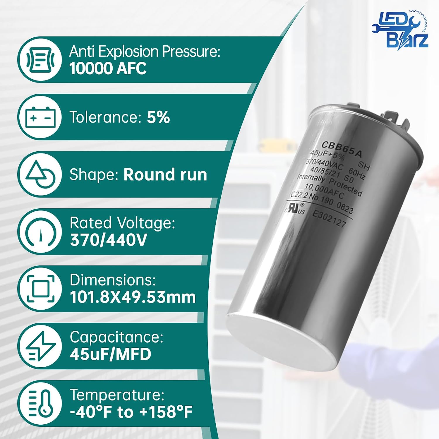 45 uF 45 MFD ±5% 370 VAC Dual Run Round Start Capacitor for AC Unit Fan Motor Start, Heat Pump, Condenser Straight Cool. Compatible with Coleman Capacitor 1499-5731