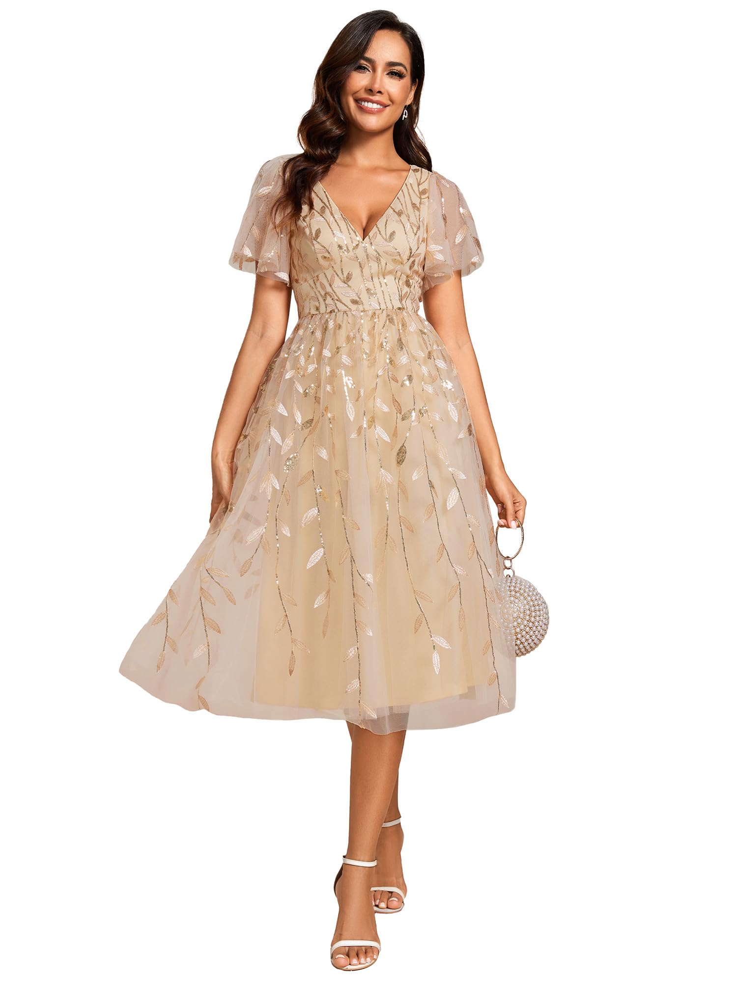Ever-Pretty Robes d'invité de Mariage Col en V Manches Courtes Paillette Midi Robe évasée EG02230