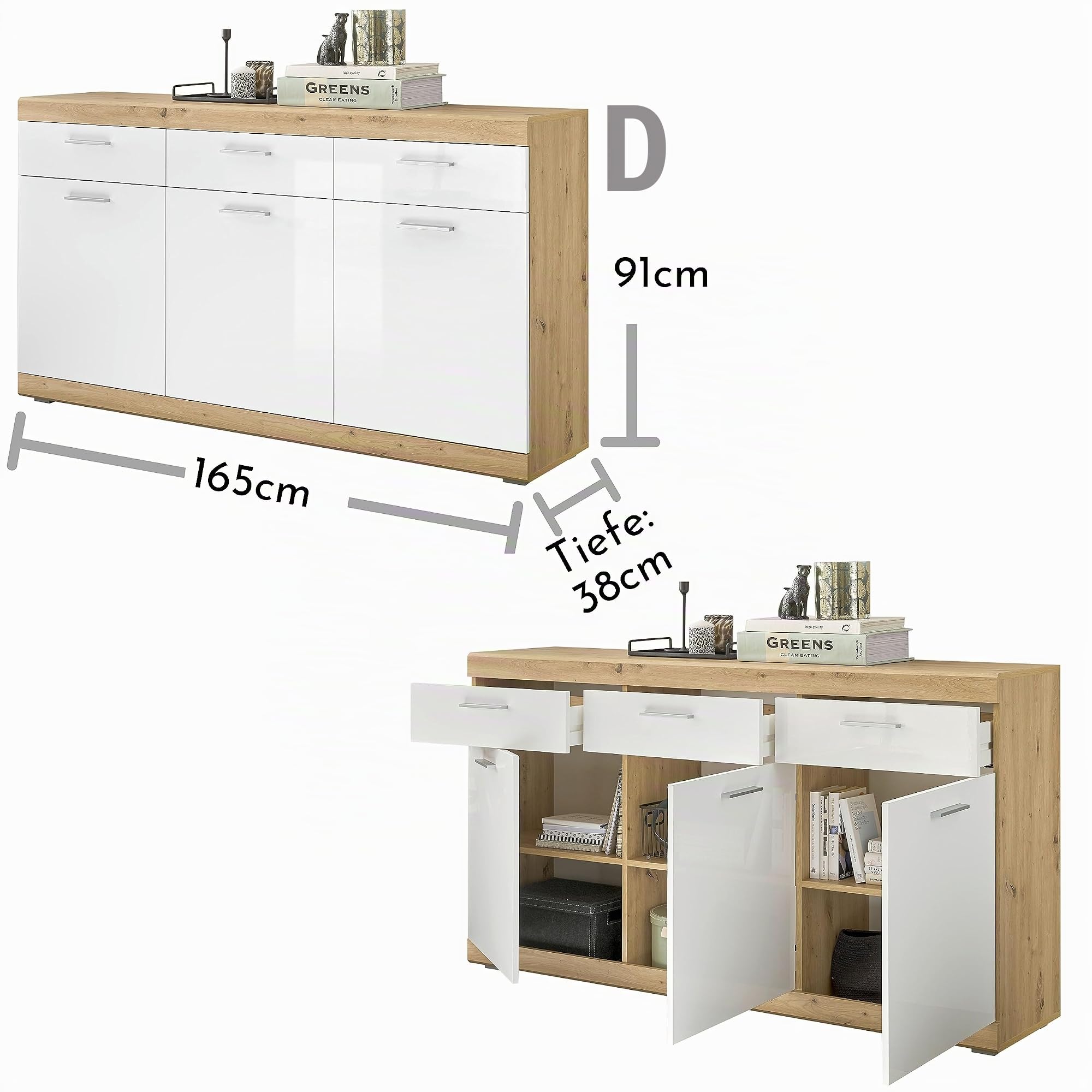 NOLA Sideboard in Artisan Eiche Optik, Weiß Hochglanz - Moderne Kommode mit Schubladen und viel Stauraum - 165 x 91 x 38 cm (B/H/T)