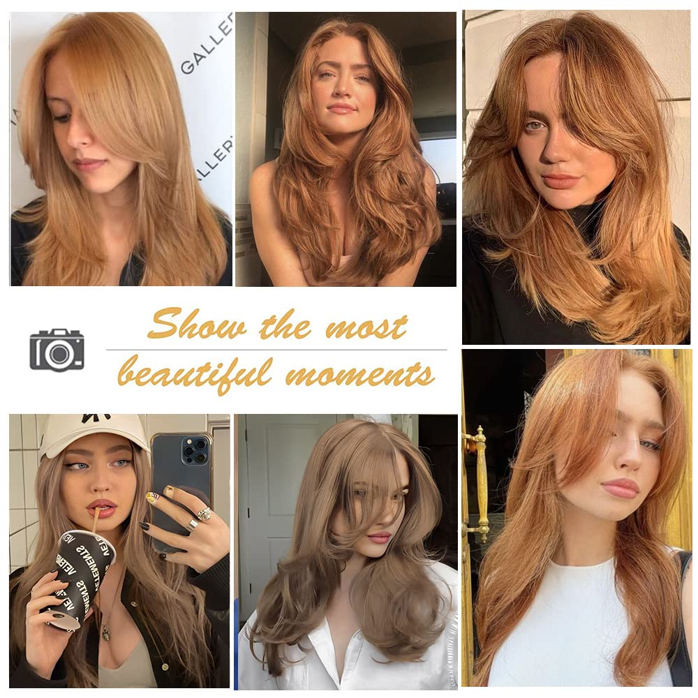 Esmee Długie Proste Truskawkowe Blond Peruki dla Kobiet Naturalne Warstwowe Syntetyczne Włosy Peruka z Grzywką do Codziennych Imprez Cosplay 20 Cali