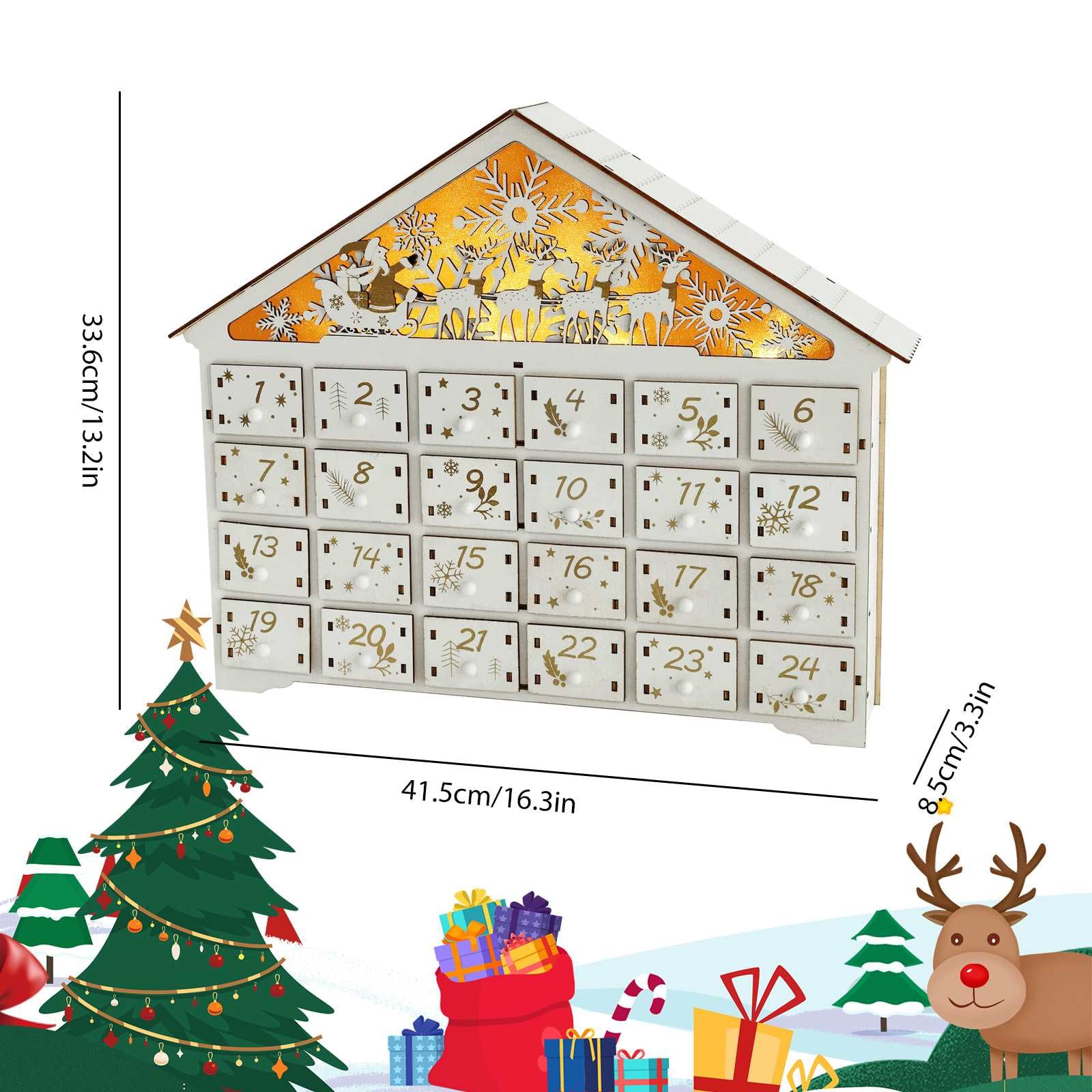 Calendario Ee dell'Avvento in legno con luci a LED,Casa con 24 cassetti di stoccaggio, calendario dell'Avvento da riempire da soli per bambini, decorazione natalizia (cervo bianco)