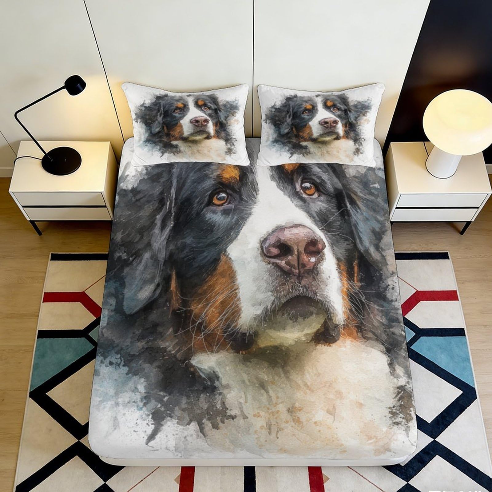 3D Printed Bernese Mountain Dog Fitted Sheet Microfiber Soft Breathable Watercolor Mattress Cover for Bedroom Guestroom Decor 90x200x25cm