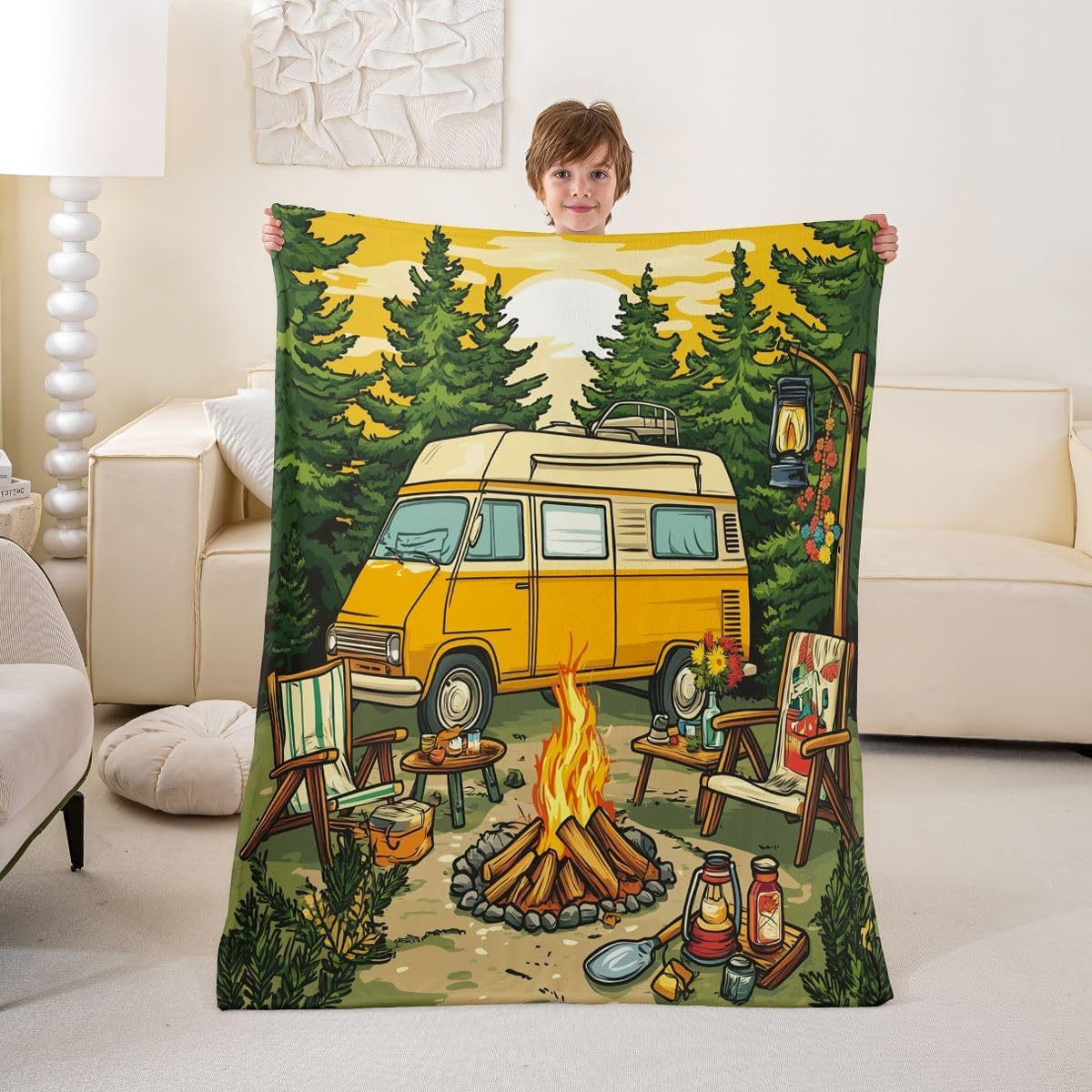 Erosebridal Happy Glamping Trailer Flannel Blanket Rustic Camfire Fleece Blanket 90"x90" for Boys Girls Teen Men,Camp Travel Car Rustic Natural Camfire Tent Fuzzy Plush Throw, Room Decor Aesthetic
