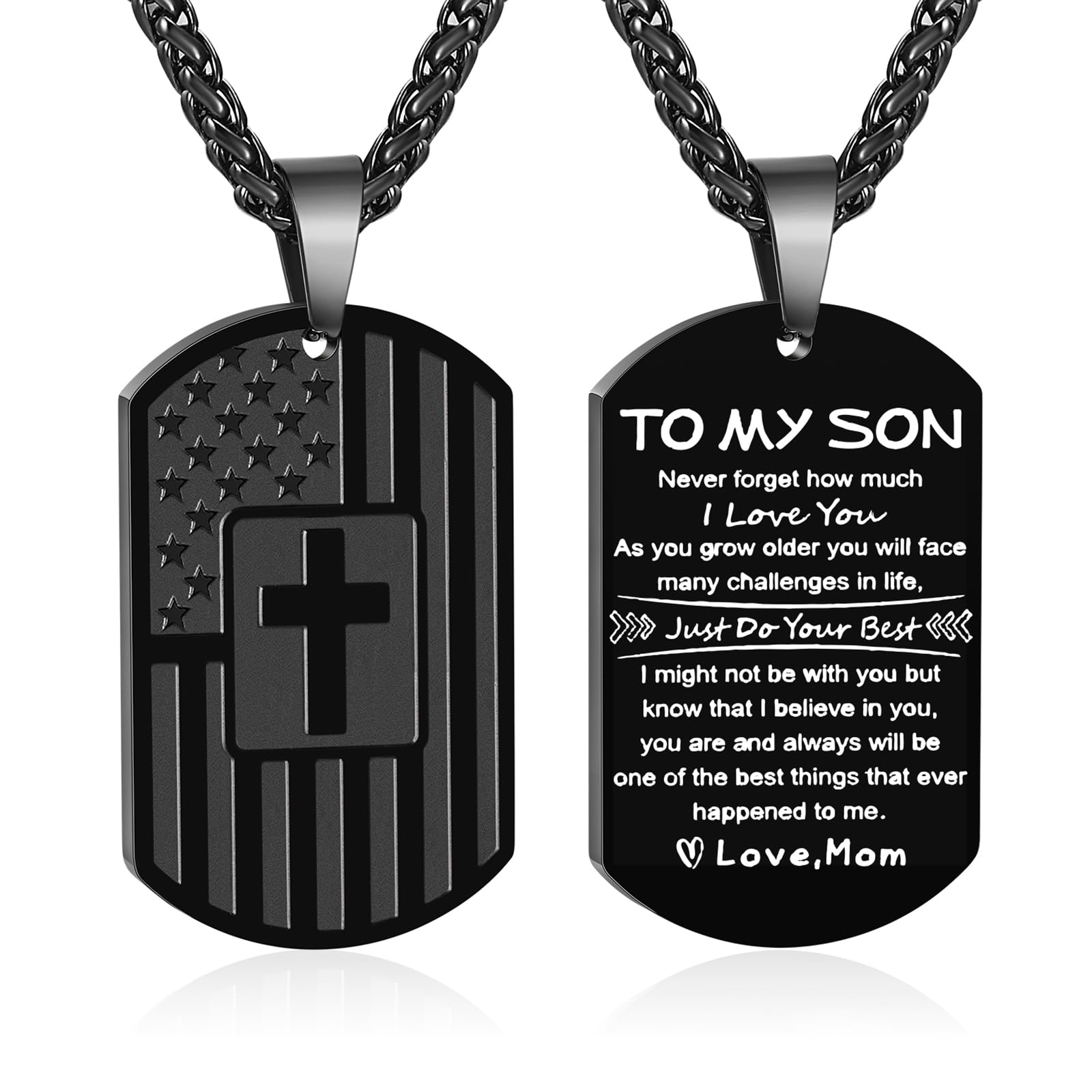 Valentines Day Gifts for Him - To My Son Dad Brother Husband Grandson Grandpa Boyfriend Man Dog Tag Cross Necklace Christian American Flag Birthday Graduation Gifts Jewelry for Men Boys