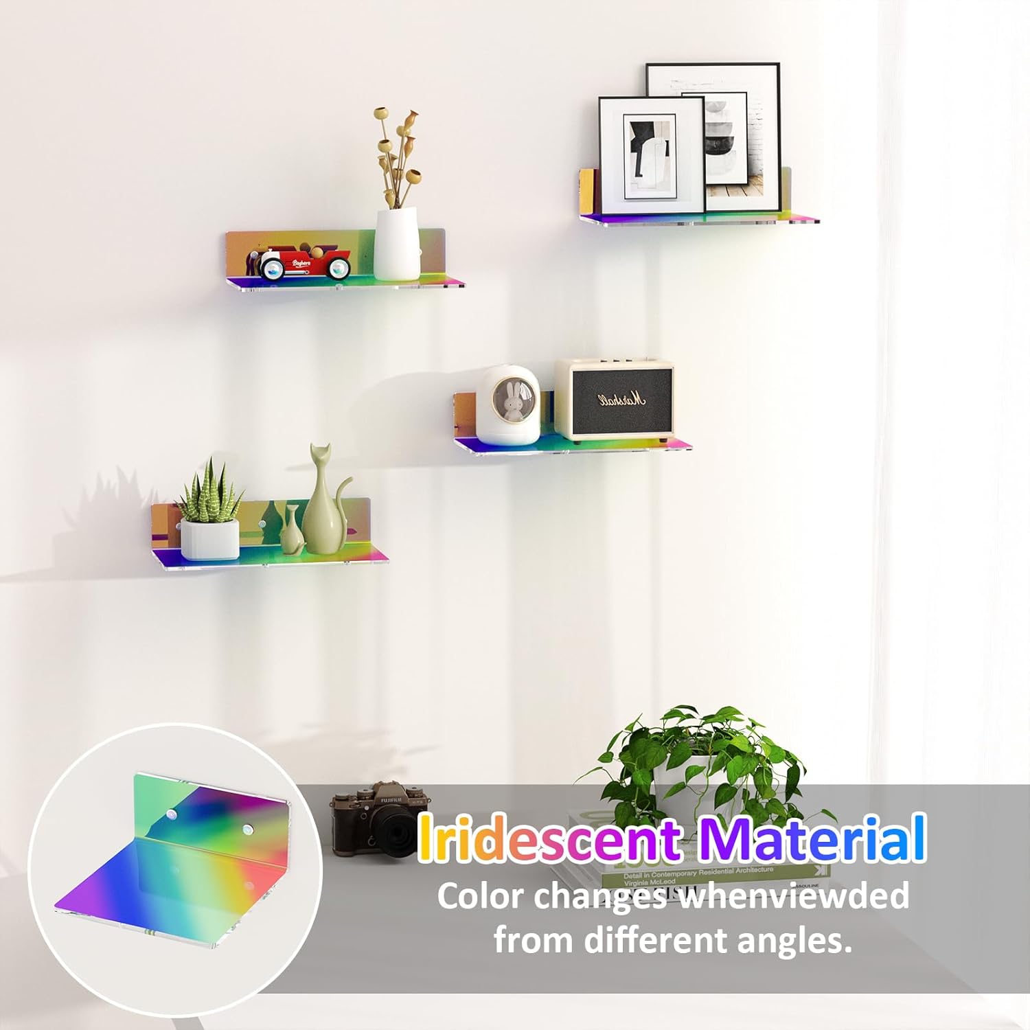 Sezanrpt 12 Inches Iridescent Wall Shelves, Moisture-Proof Acrylic Organizer Shelves for Bathroom, Bedroom, Living Room, Retail, 4 Pack