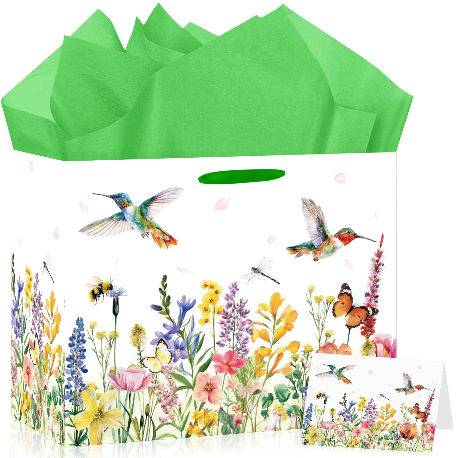 Vintage Floral Bird Paper Gift Bag with Card & Wrapping Papers,Summer Spring Wildflower Bird Hummingbird Gift Bag for Mother's Day Birthday Party Baby Shower Guest Present