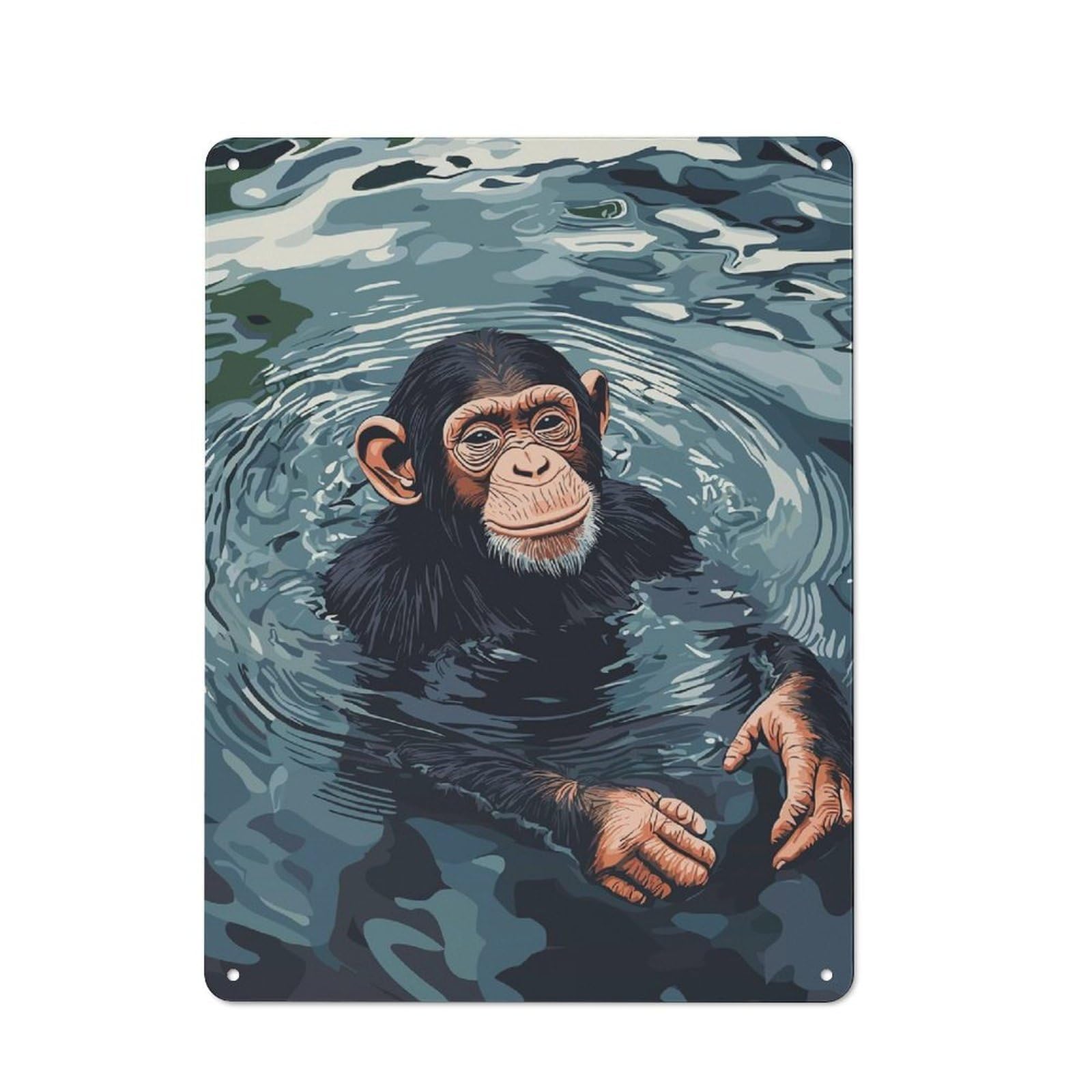Junmoney Style-23 Rustic Metal Sign 40X30cm Featuring Chimpanzee Swimming In Water For Hallway Wall, A Decorative Gift For A Newly Furnished Hallway