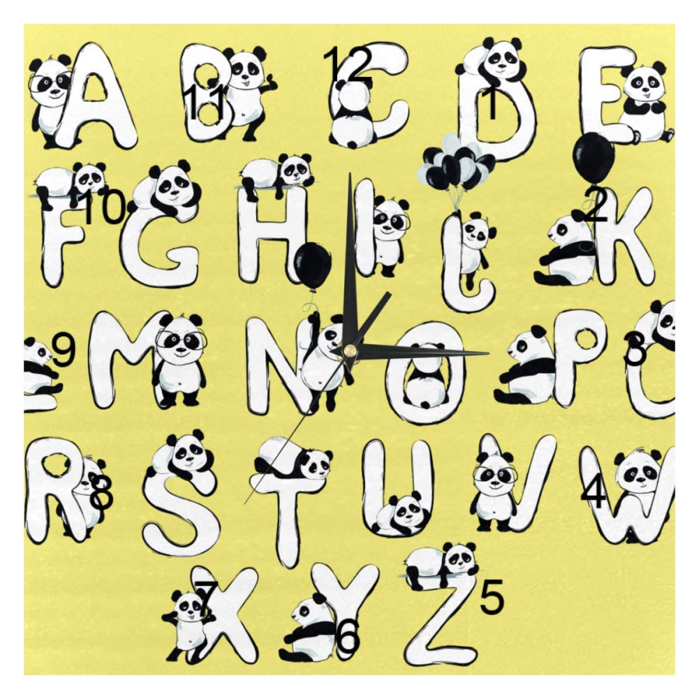 Horloge murale sans tic-tac carrée 20 cm avec panda et chiffres pour salon et chambre