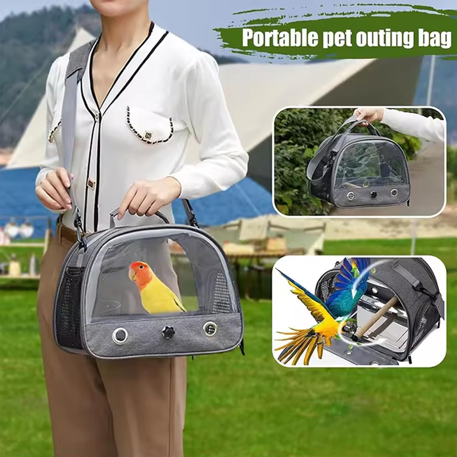 Vogel Tragetasche, Vogel-Tragetasche mit Stehstange und Edelstahl Tablett, 12.99 * 9.44 * 10.23in zusammenklappbar,für kleine Vögel, Papageien-Reisetasche, Kleintiere Reisen (Stil 1)