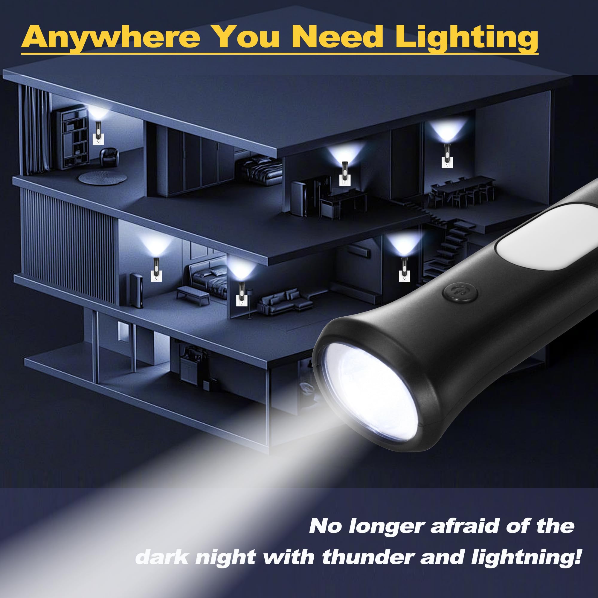 ROSSEX 4 in 1 Emergency Lights for Home Power Failure, 6 Pcs Rechargeable LED Flashlight Plug in Wall, Automatic Turn-On Power Outage Night Light Flashlight for Hurricane Preparedness Items, Black