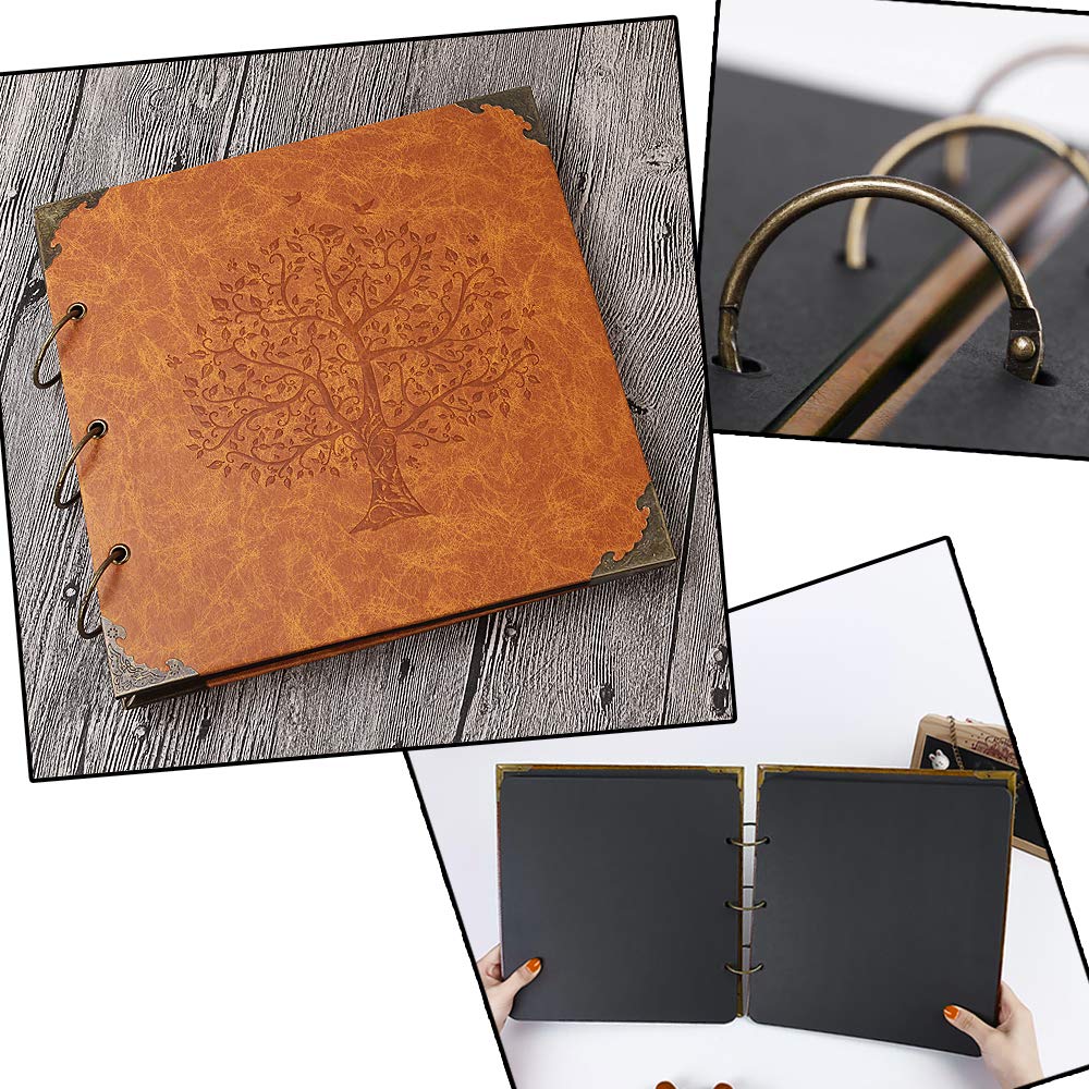 Álbum de fotos de 10 x 10 pulgadas, 50 páginas de doble cara, cubierta de cuero vintage, carpeta de tres anillas, cabina de fotos + 408 esquinas autoadhesivas para guardar recuerdos (árbol