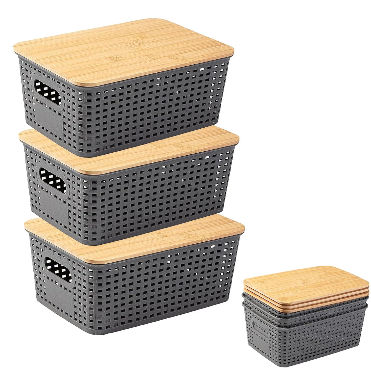 3 cajas de almacenamiento con tapa de bambú, organizador de baño de plástico de 5 l, cesta de almacenamiento pequeña con asa, apilables con tapa, para cocina, baño, dormitorio, balcón, estanterías