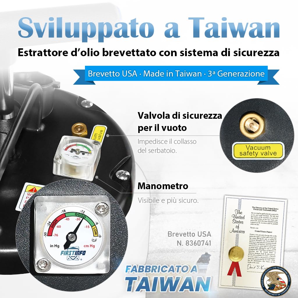 FIRSTINFO Estrattore Olio Pneumatico/Manuale 15L, Prodotto a Taiwan, con Manometro, 5 Tubi di Aspirazione, Sonda Ultra Sottile 3,5 x 4,5 mm, A1106EUY5