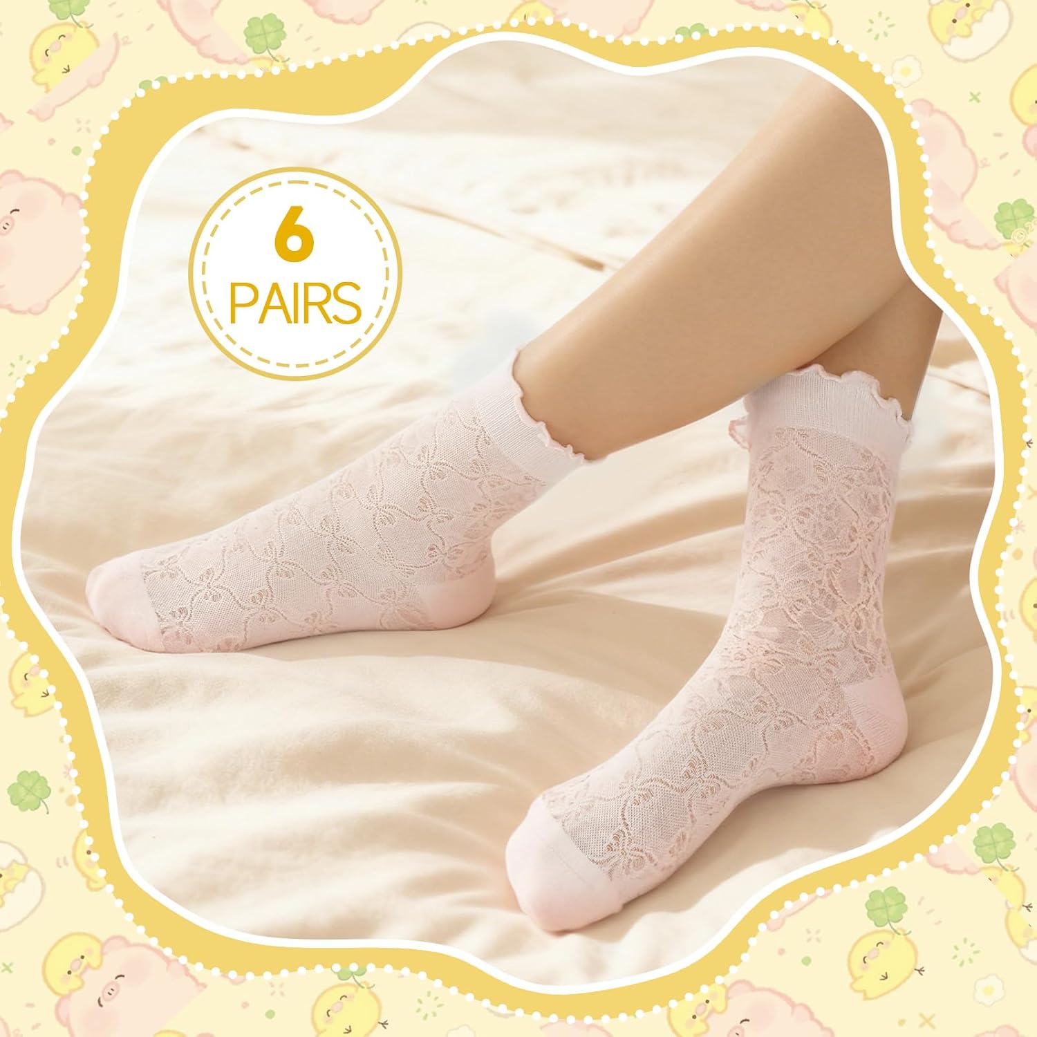 6 Pairs Women's Ruffle Socks Cool Casual Summer Ultra Socks Cute Thin sheer Friily Cotton Crew Sock
