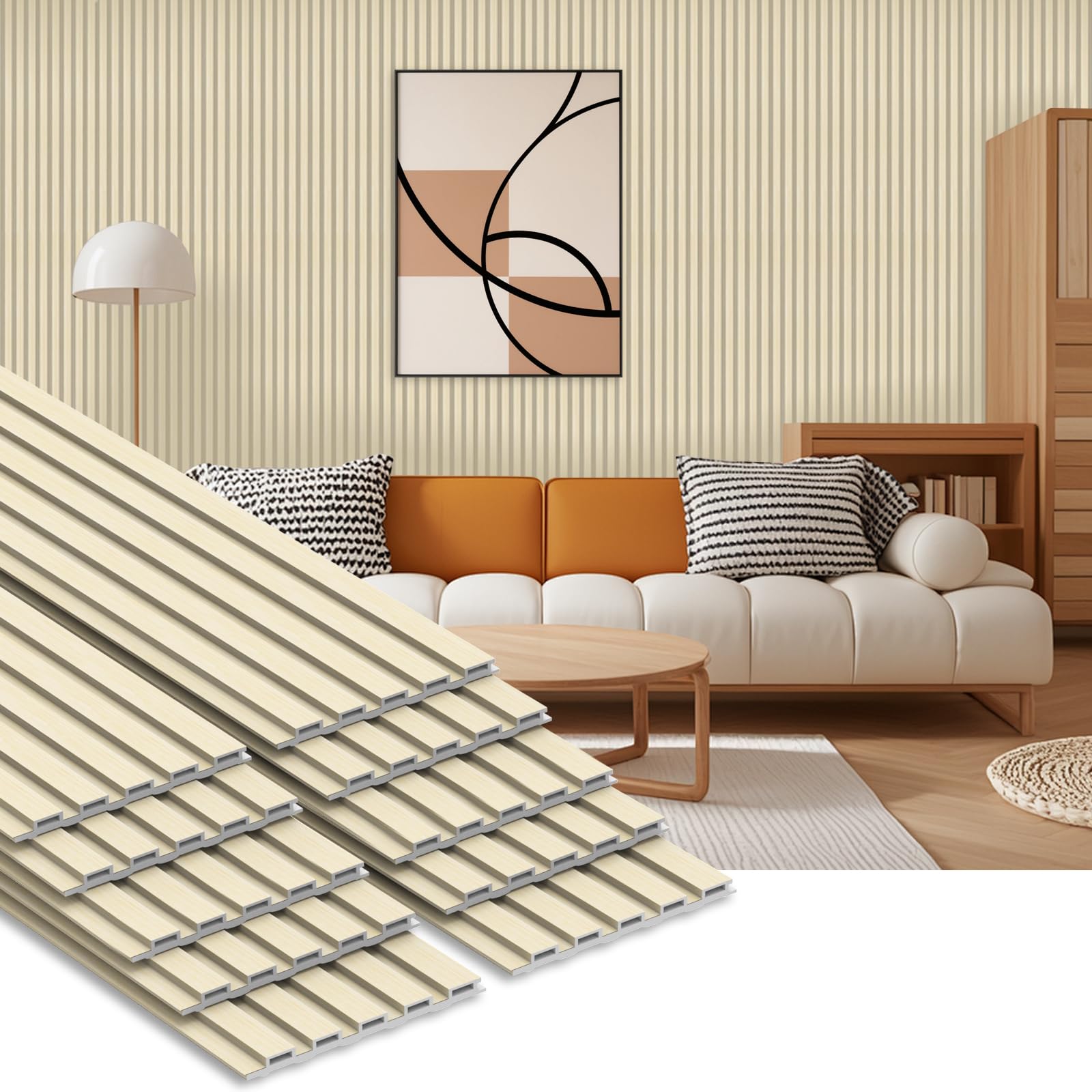 ritollo 10 pack wpc slat wall panels, 3d fluted acoustic wall paneling 90.6 x 6.1 x 0.35 inches, wood look decorative panels for tv background, living room, interior wall decor (oak)