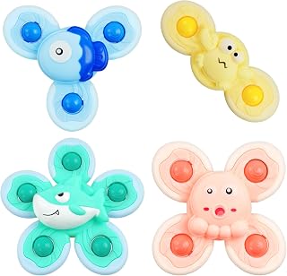 Vicloon Rotating Toy, 4 Pcs Spinning Toys with Suction Cup, Sensory Toy for Baby with Bell for Children Over 12 Months (Ocean)