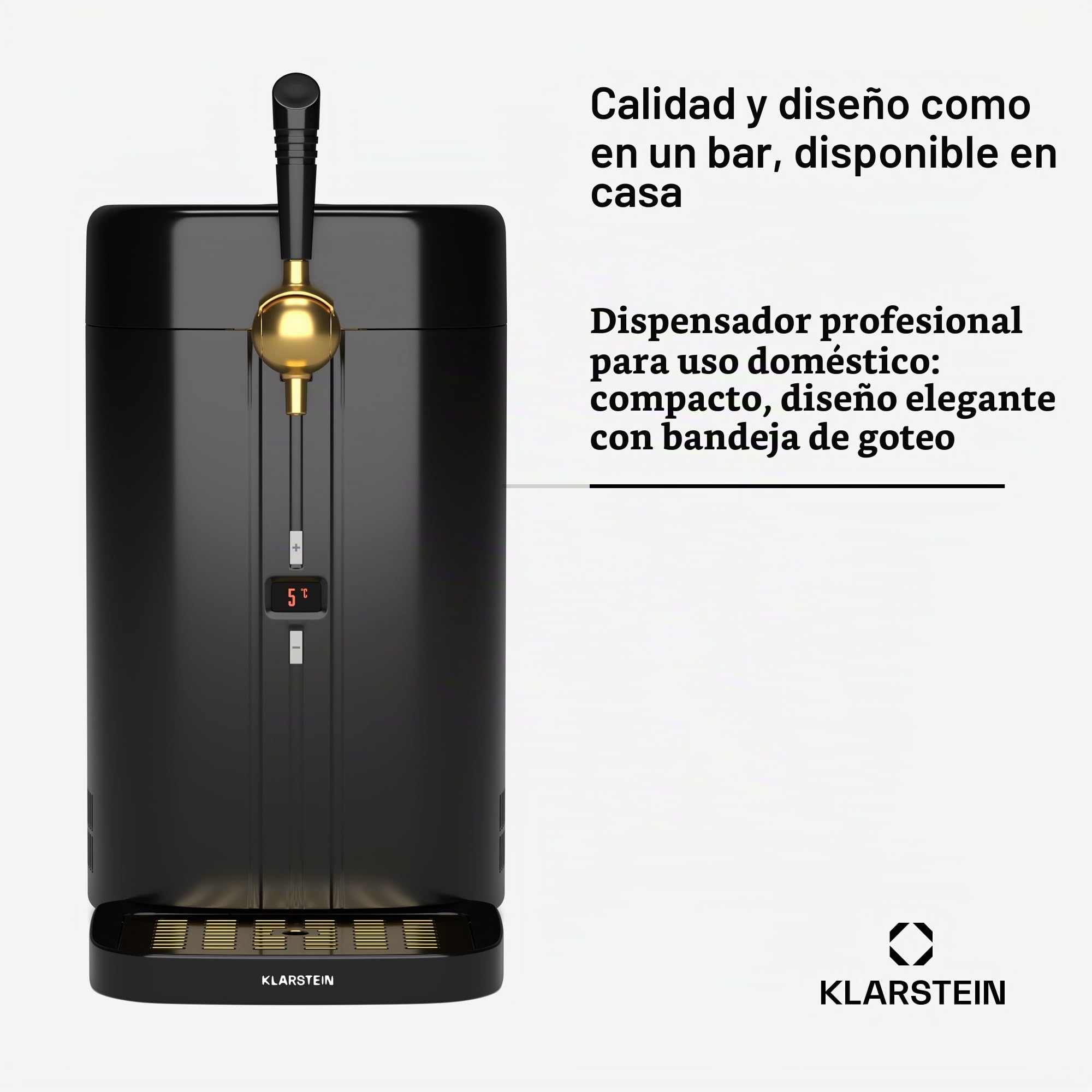 Klarstein FrostBrew Dispensador de Cerveza 5L - Sistema de Presión de CO₂, Refrigeración Termoeléctrica, Control de Temperatura 3-12°C, Barril Universal, Negro/Dorado