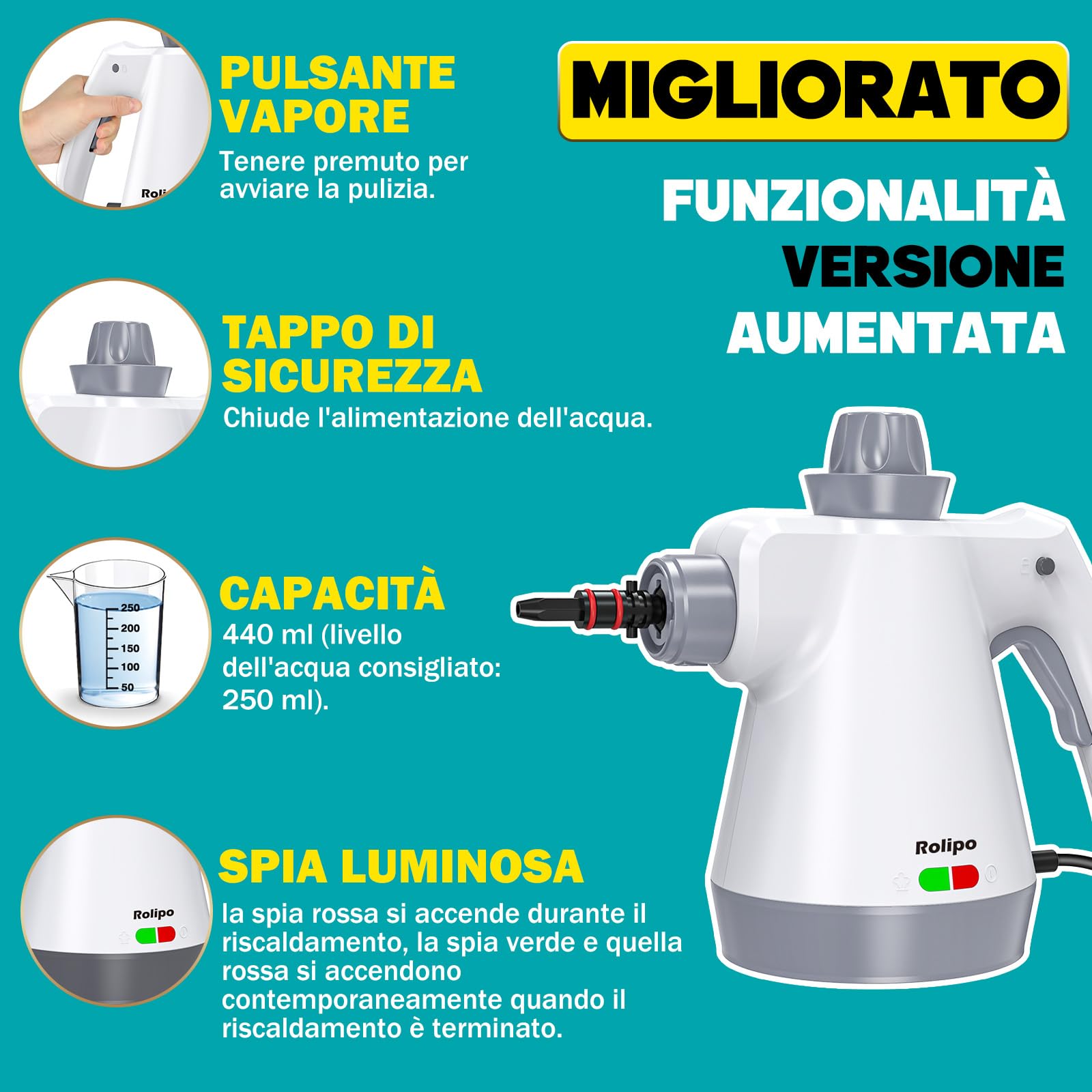 Rolipo Pulitore a Vapore Portatile, Pistola a Vapore Multifunzione Per Uso Domestico, Pressurizzato Con 12 Accessori e Blocco Di Sicurezza, Per La Pulizia Di Cucina, Bagno, Fughe, Finestre, Grasso
