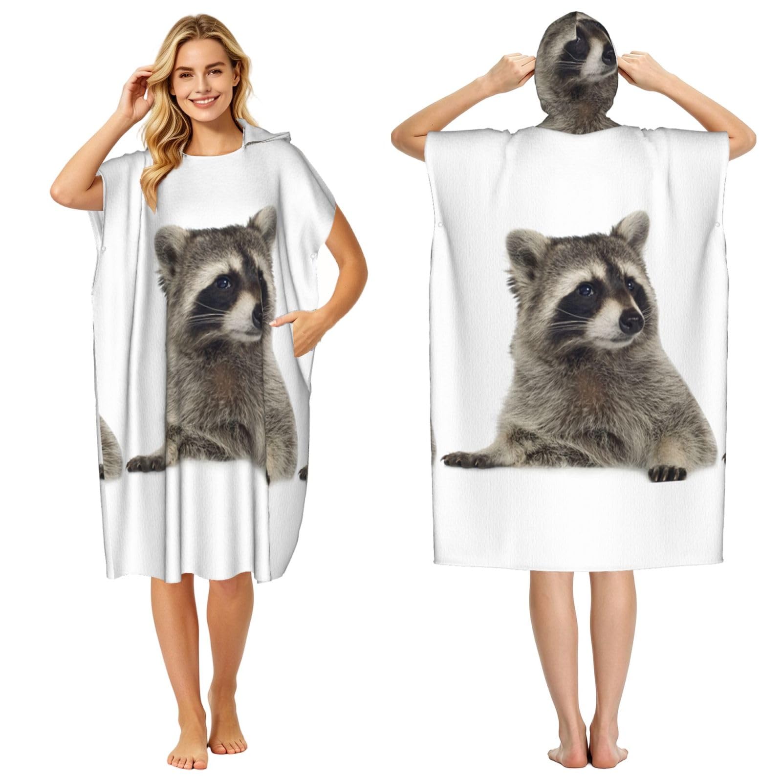 Poadnly Hairy Raccoon, Adult Hooded Beach Towel 90 x 110 cm,Changing Bath Robe, Surf Poncho Towel For Women Men