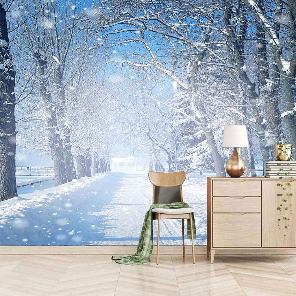 Papier peint canevas 3D pour agrandir un salon sombre avec un paysage de neige blanche