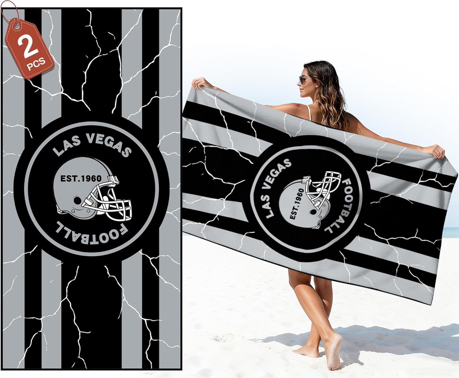 2 Pack Football Fan Thin Lightweight Microfiber Beach Towel Las Vegas City Themed Large Absorbent Oversized Towels Men Women Stuff Raiders Team Dad Husband Guy Him Birthday Anniversary Useful Gift