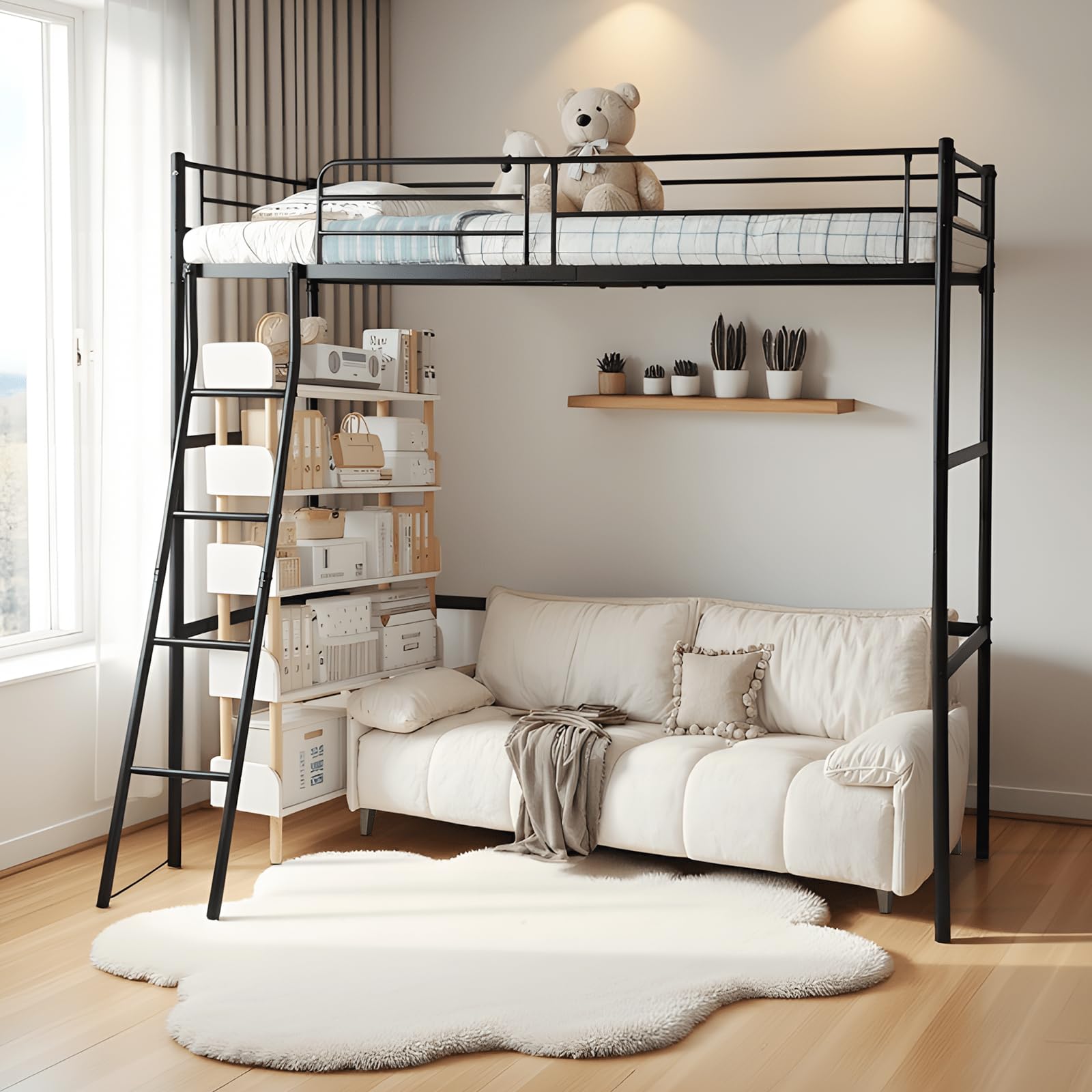 Cama Alta 90 x 200 cm, Cama de Hierro con Escalera, Cuna con Marco de Hierro, Negro, para Habitaciones Juveniles | Cama de hierro con escalera, estructura robusta, color negro, ideal para habitaciones juveniles, soporta hasta 150 kg
