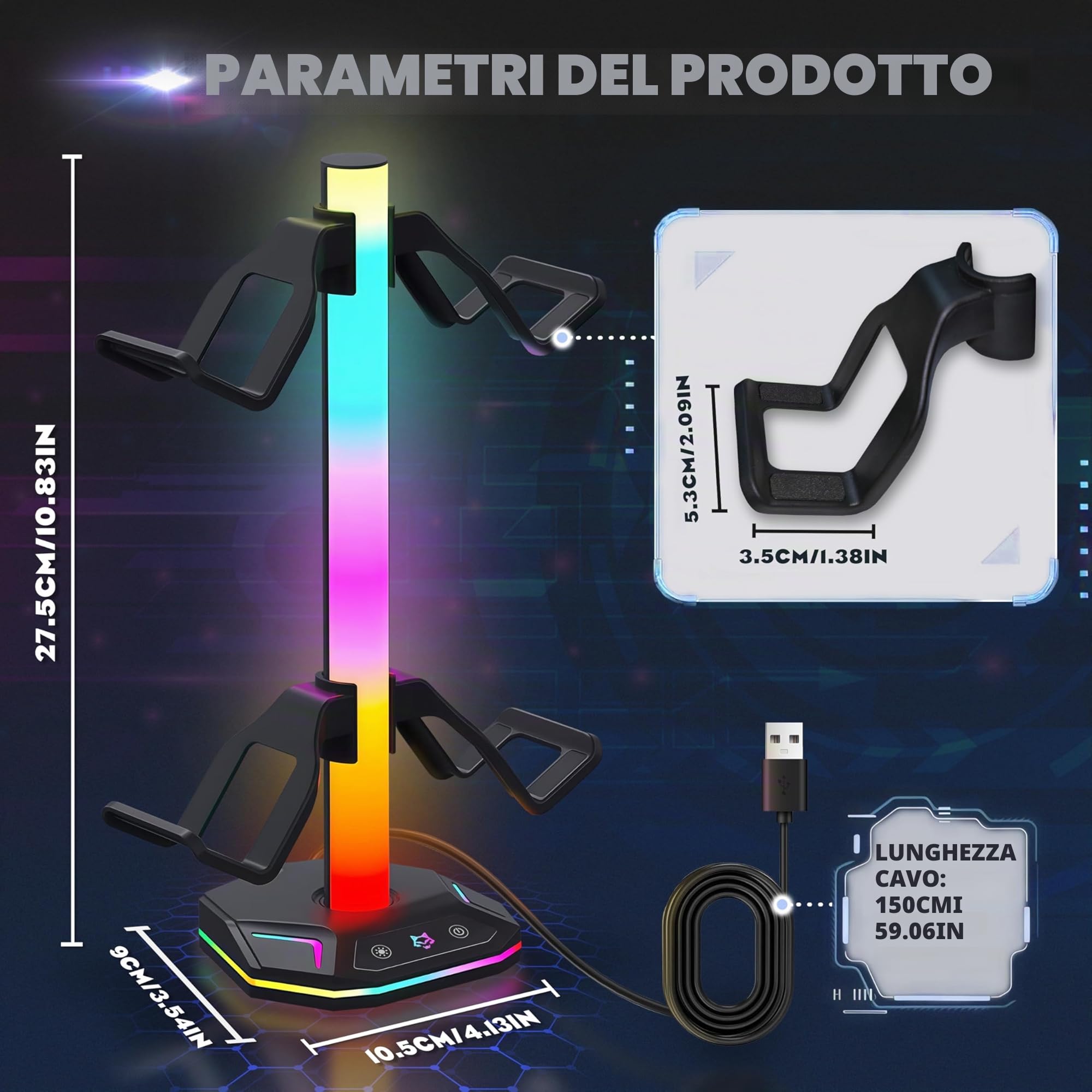 auvstar Porta Joystick Supporto Cuffie Gaming USB Type-C con Retroilluminazione RGB 10 Modalità (Nero)