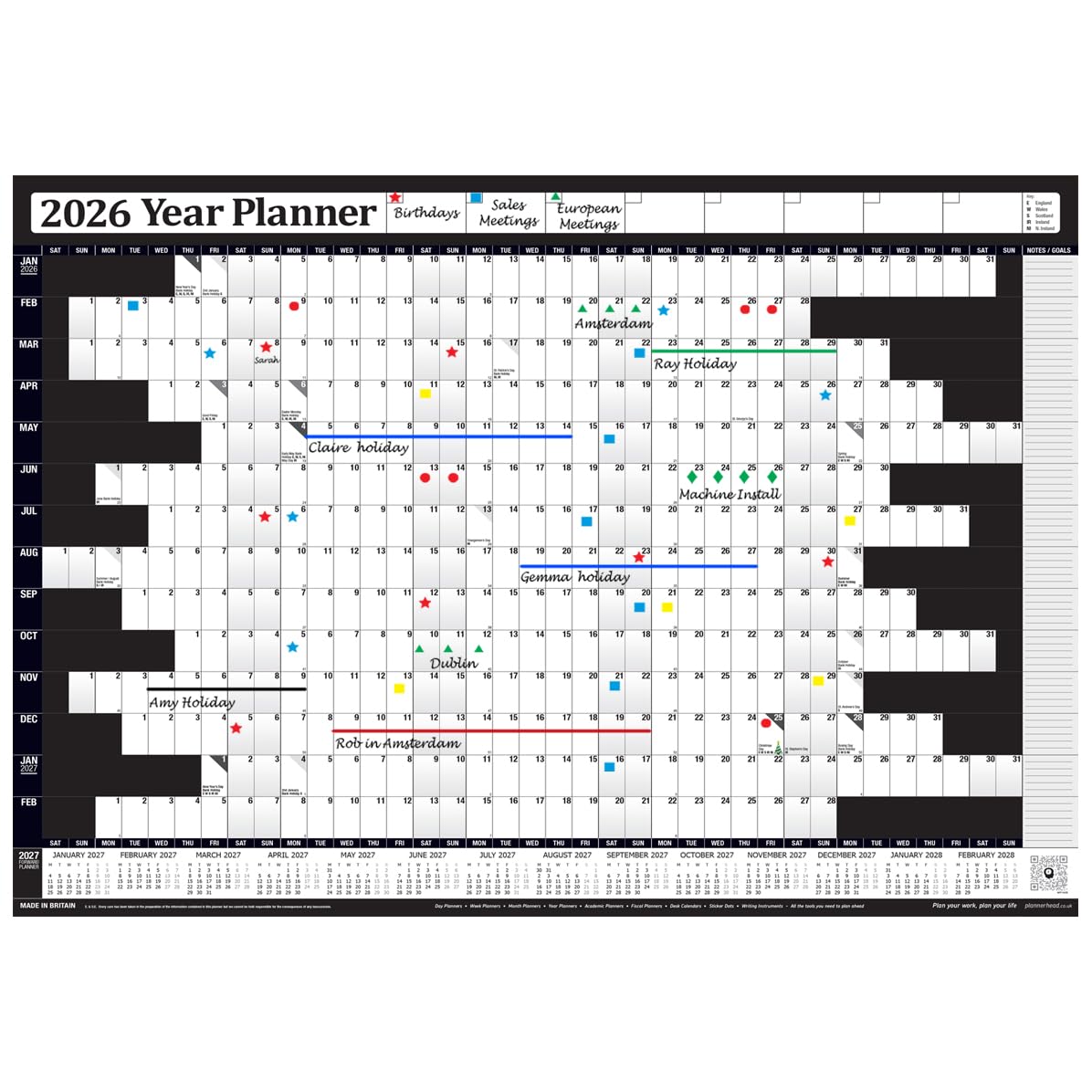 PlannerHead 2026 Wall Planner Black | Yearly Calendar 2026 for Students, Families, Businesses, Offices | UK & Ireland Bank Holidays | Unmounted & Unlaminated (Black, Medium 35cm x 49cm - Folded)