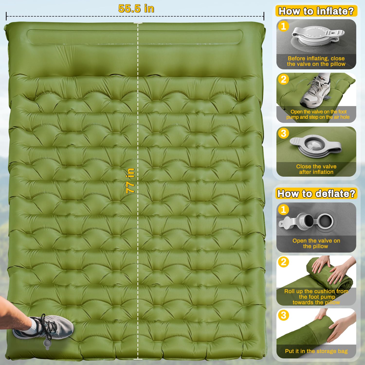 Doppelte Isomatte, extra dicke 15,2 cm Isomatte für Camping 2 Personen mit integriertem Kissen & Fußpumpe, ultraleichte, kompakte aufblasbare Campingmatte für Rucksackreisen, Wandern, Reisen, Zelt