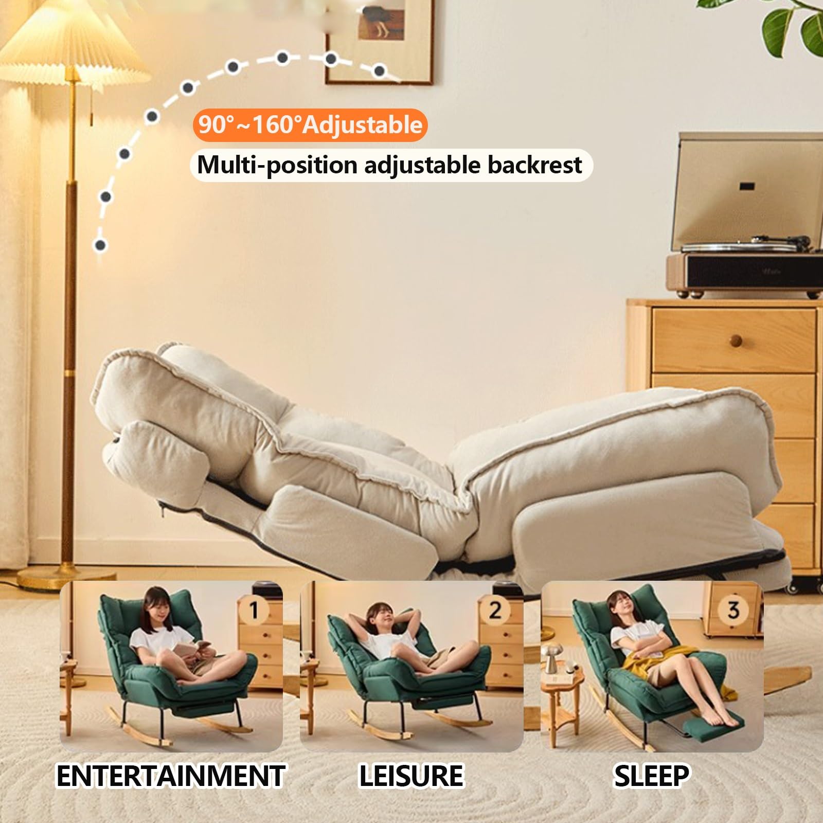 Wyściełany fotel bujany, ergonomiczny fotel bujany z podnóżkiem, fotel do czytania z regulowanym oparciem, łatwy do czyszczenia, do salonu, sypialni (beżowy)
