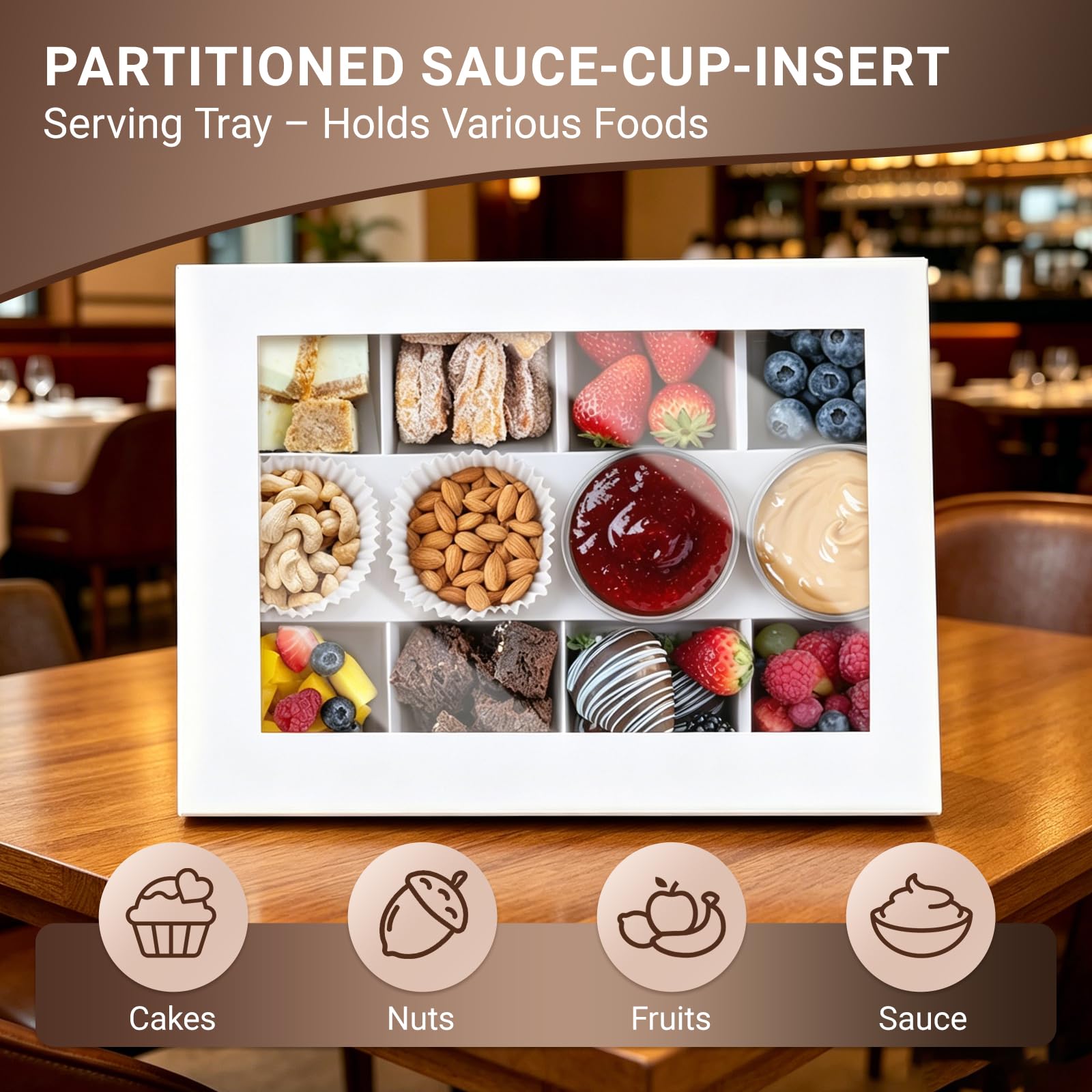 Caja de picnic de 8 compartimentos con tapas, 10 unidades, caja de cartón dividido blanco con soporte para ketchup, caja de aperitivos desechable para 4 a 5 personas, comida para llevar, 12.5 x 9 x 2