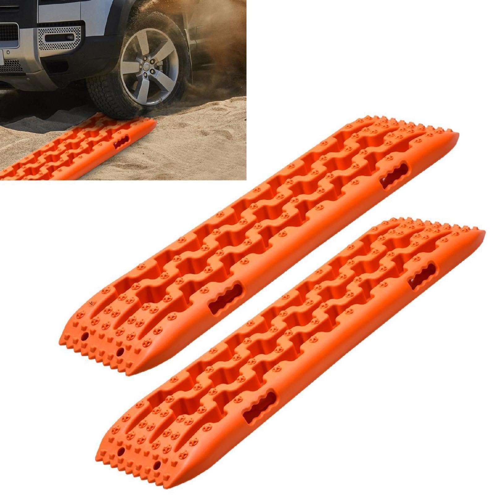 Lamiere di sabbia Offroad 2 pezzi – Piastra di trazione Offroad | 10 tonnellate di trazione per neve fango e terreni | gommini antiscivolo croce e pentagono | nylon leggero | arancione