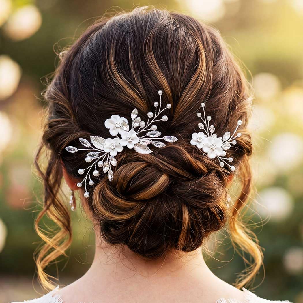 Gorais Flower Bride Wedding Hair Pins Silver Rhinestone Bridal Hair Pieces Pearl Hair Clips Hair Accessories for Women and Girls (Pack of 2) - Image 2