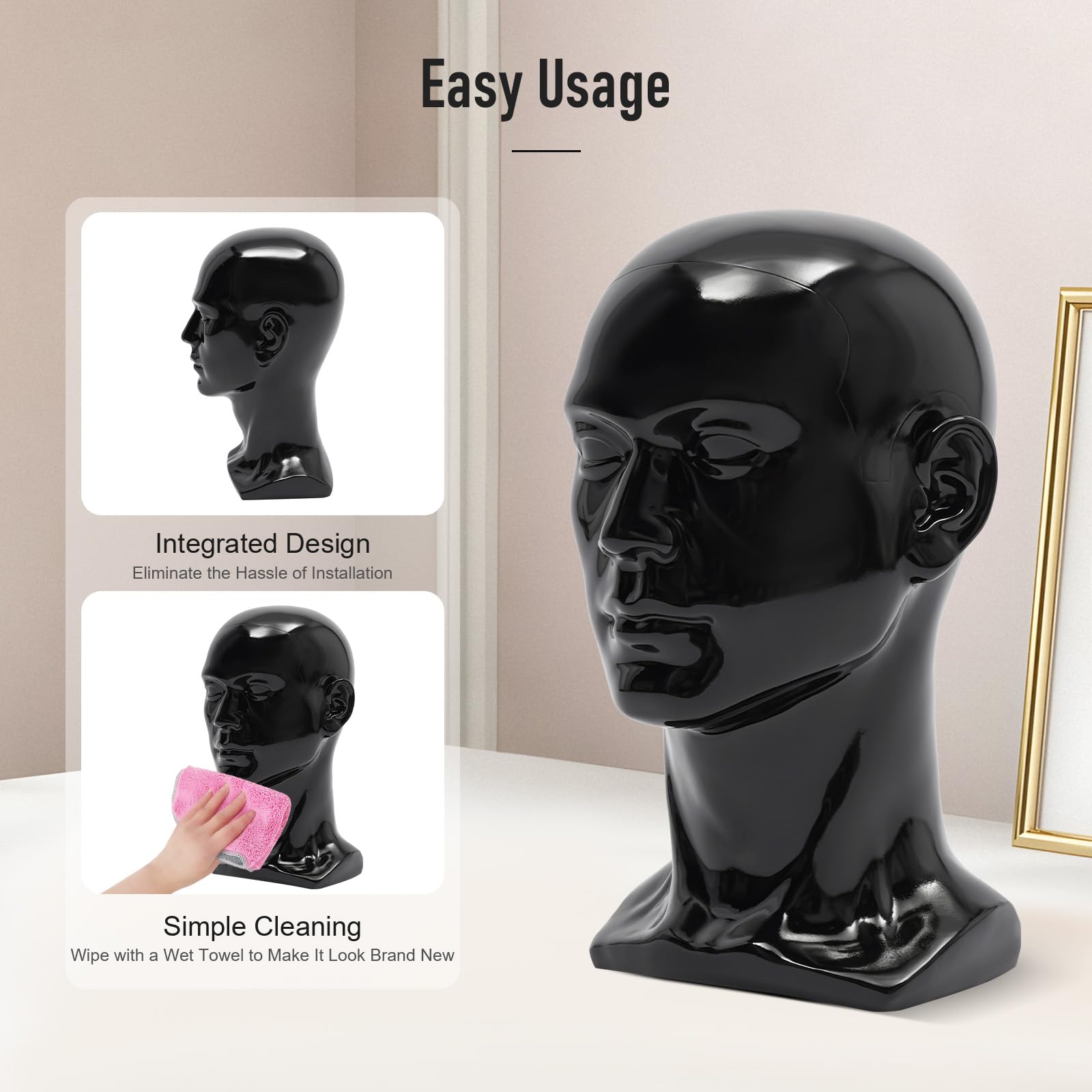 Cabeza masculina de PVC para peluca, cabeza decorativa, maniquí, sombreros y gafas, 50 x 30 cm, negro claro