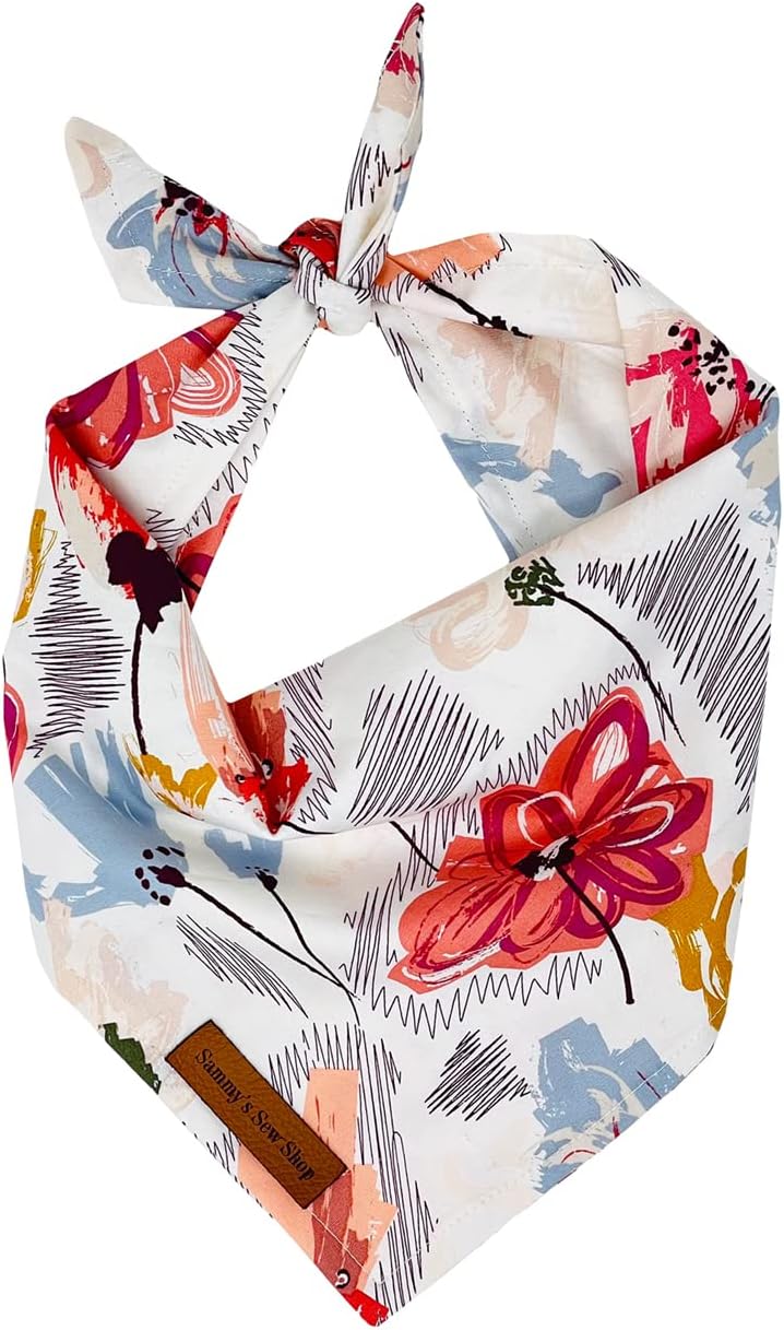 Sammy’s Sew Shop Monet Floral Dog Bandana - Multicolored Modern Floral Pattern, Tie Back, Premium Upholstery Grade Fabric, Unique Design, Handmade in The USA, Available in Medium