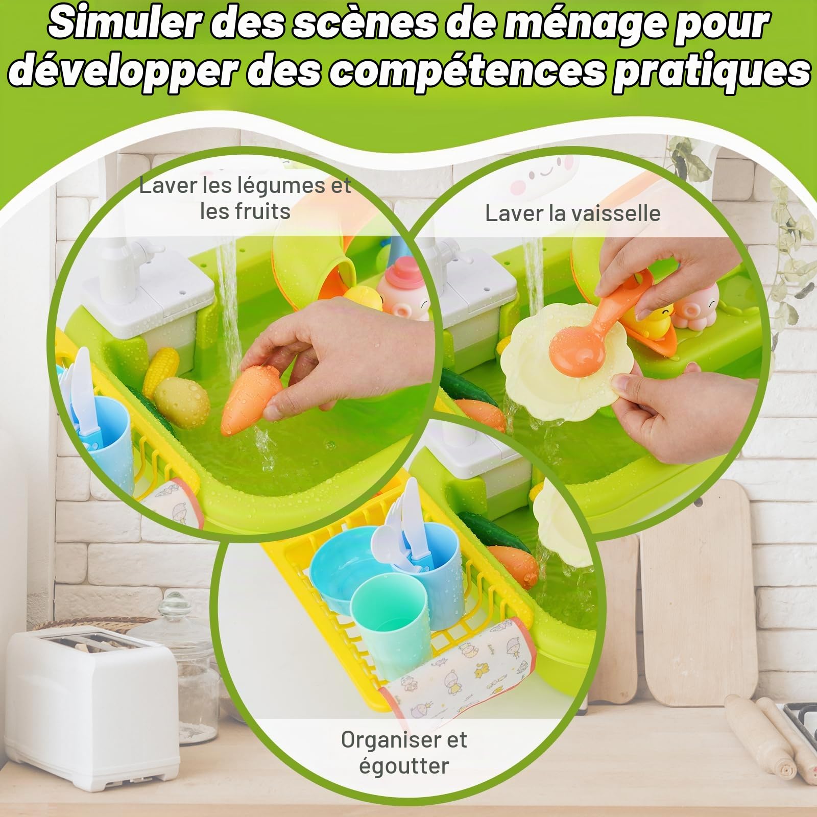 Lavabo Enfant Cuisine,Evier Enfant avec Circuit Eau, Système de Recyclage de l'eau, Jouets de pêche Flottants de Piscine pour Jouer à l'eau pour Enfants à Partir de 3 Ans, Vert